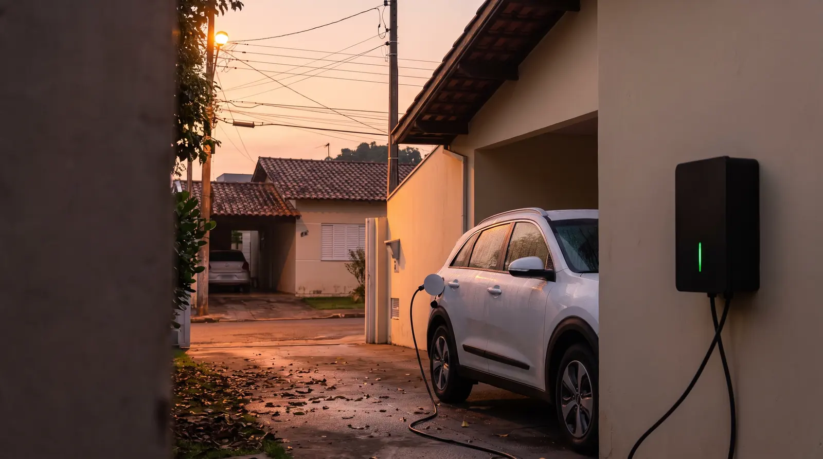 Carro elétrico ligado ao wallbox na garagem de uma casa ao amanhecer