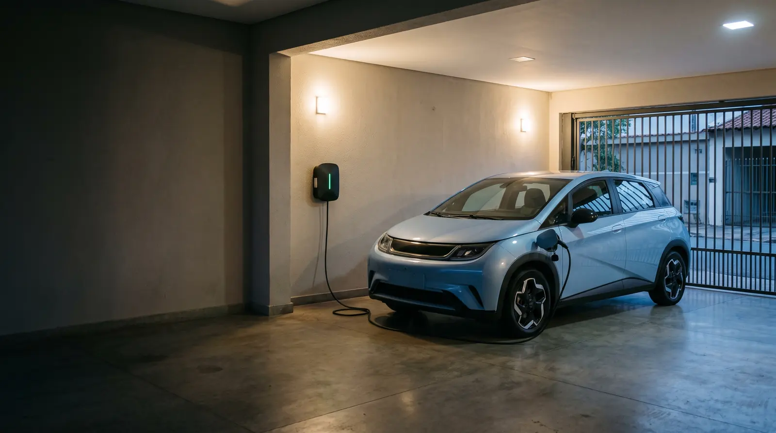 BYD Dolphin carregando num wallbox na garagem de uma casa