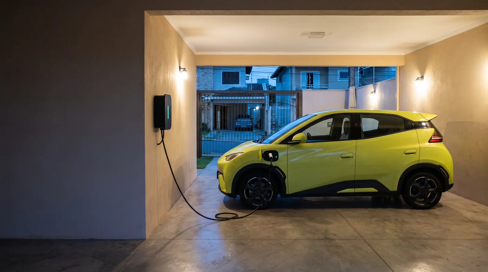 BYD Dolphin Mini carregando num wallbox na garagem de uma casa