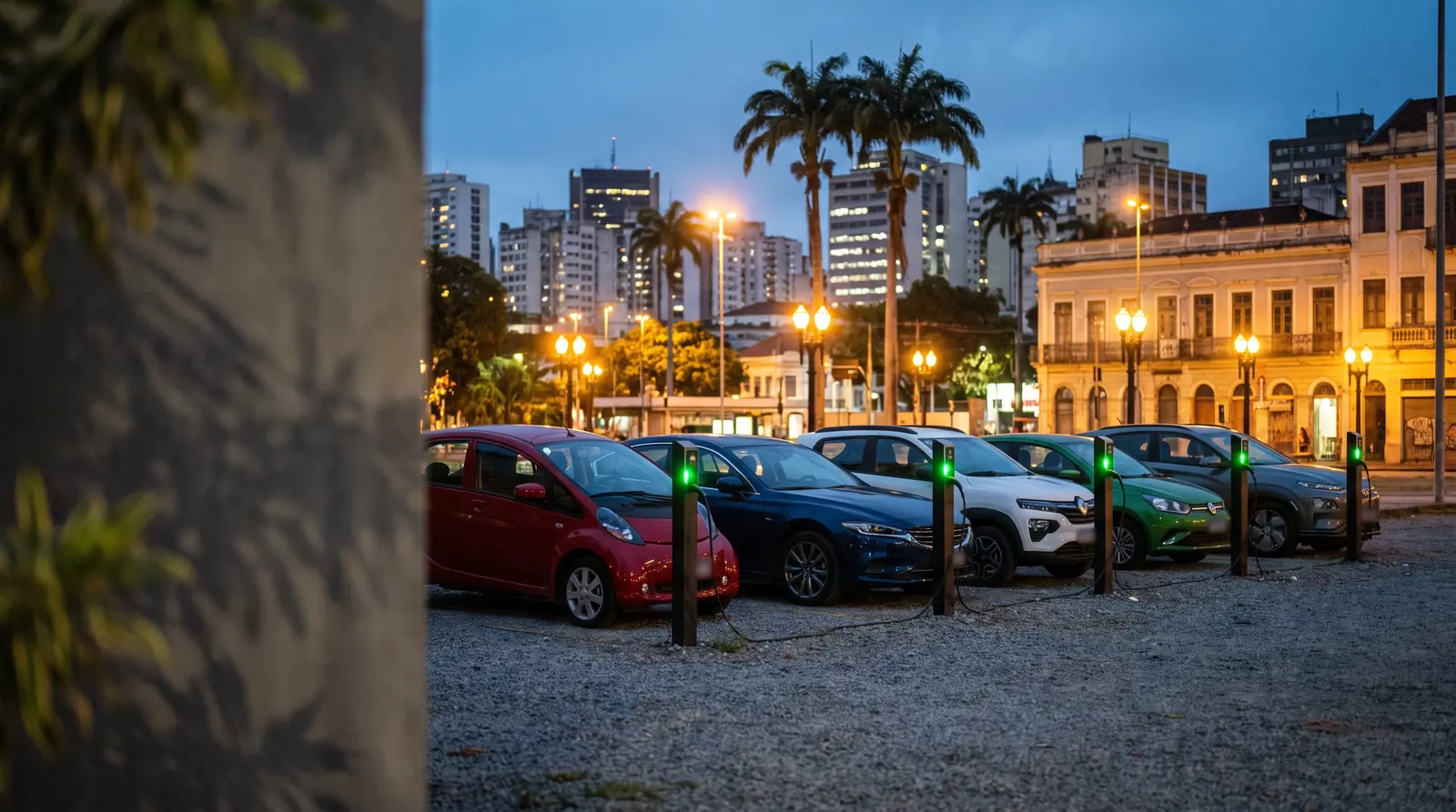 Carros elétricos de vários modelos carregando lado a lado num estacionamento