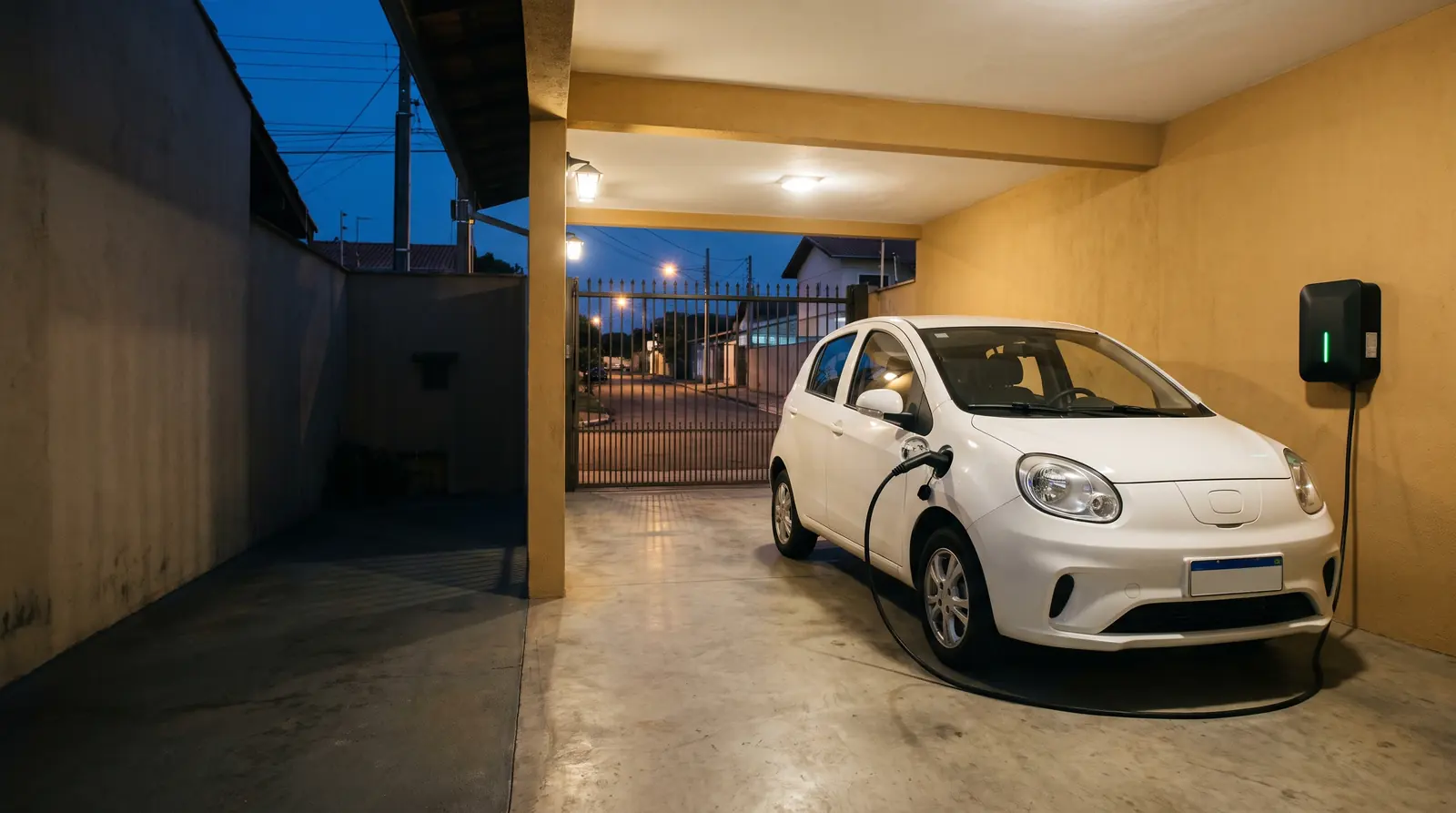 Geely EX2 carregando num wallbox na garagem de uma casa