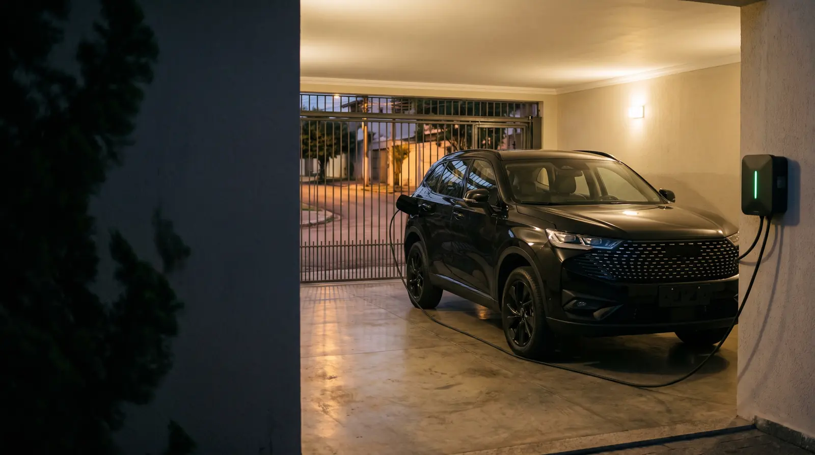 GWM Haval H6 híbrido plug-in carregando num wallbox na garagem