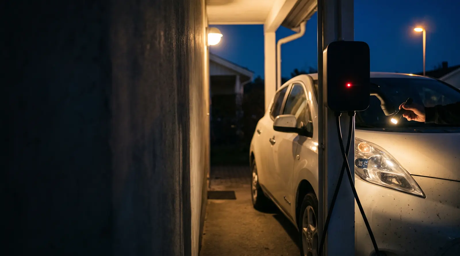Wallbox com a luz vermelha acesa e uma pessoa conferindo o conector no carro