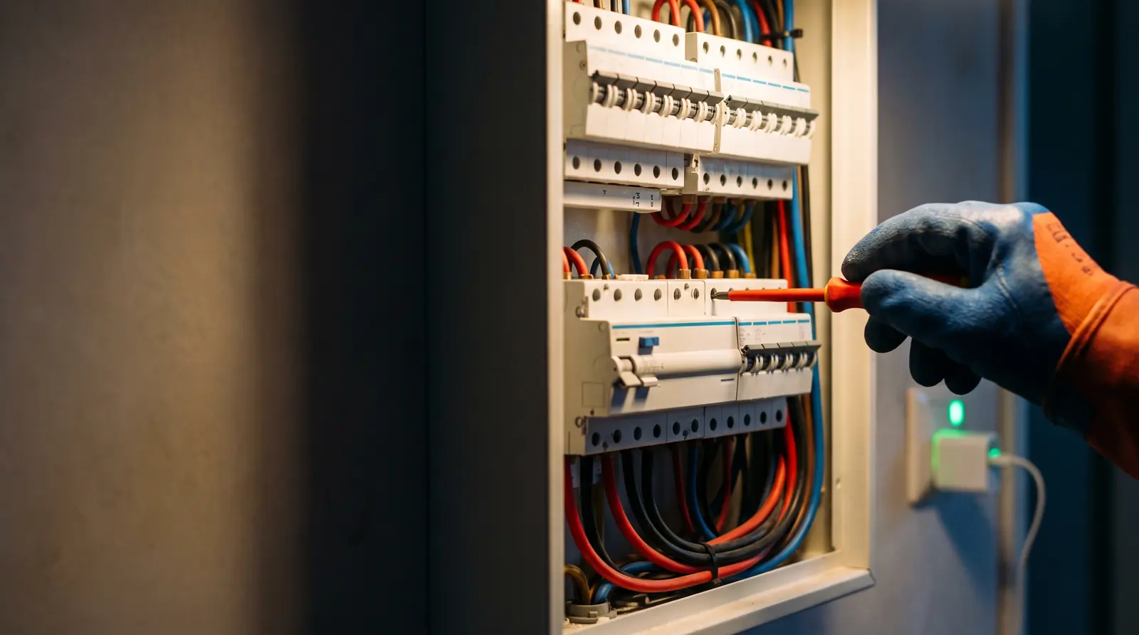 Eletricista apertando os bornes de um quadro de disjuntores