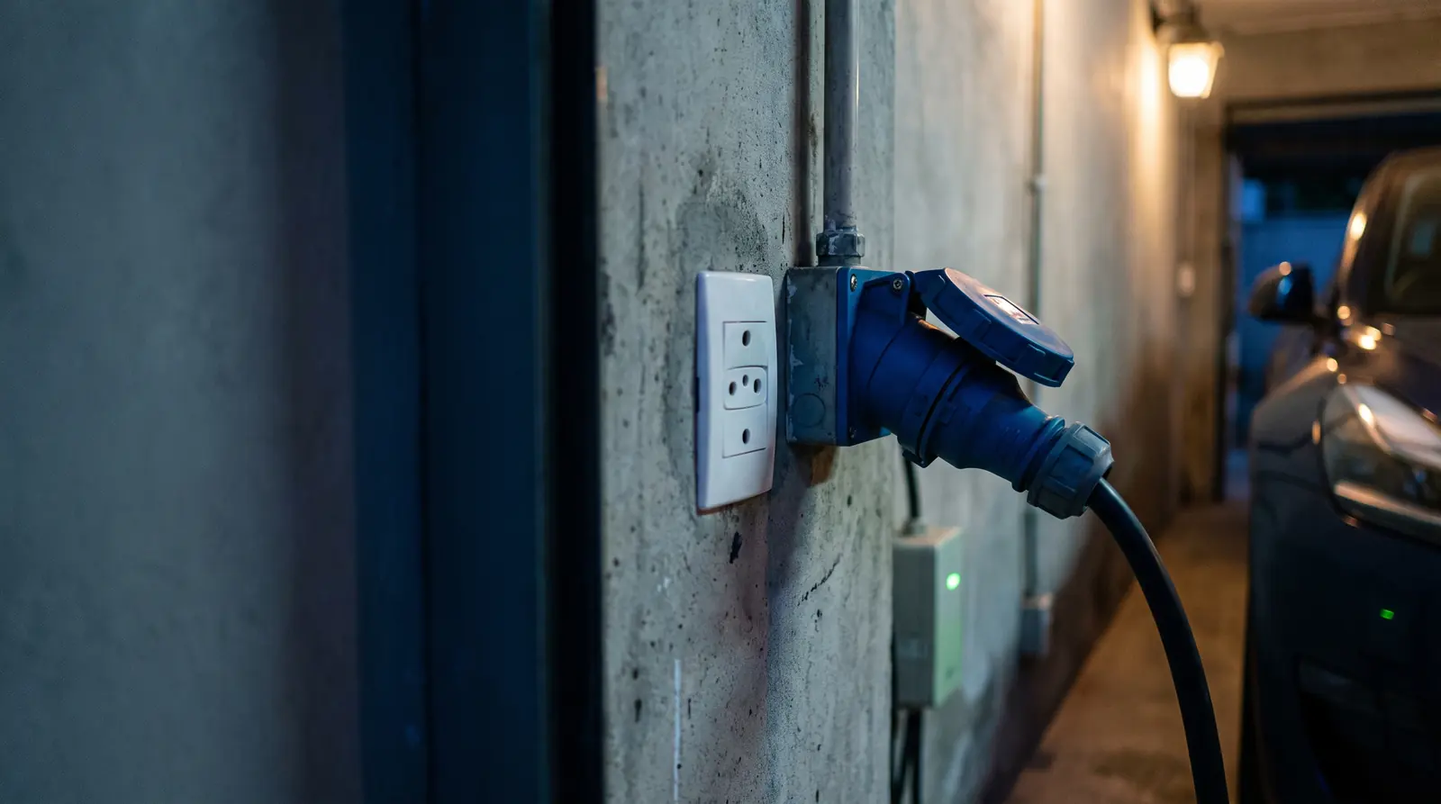 Plugue industrial azul de 32 A ligado ao lado de uma tomada comum
