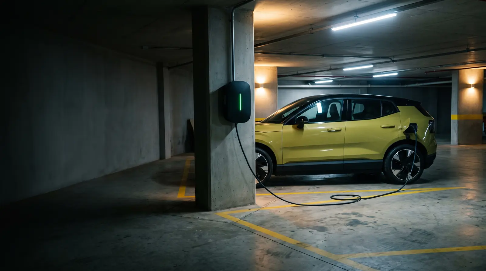 Volvo EX30 carregando num wallbox na garagem de um prédio