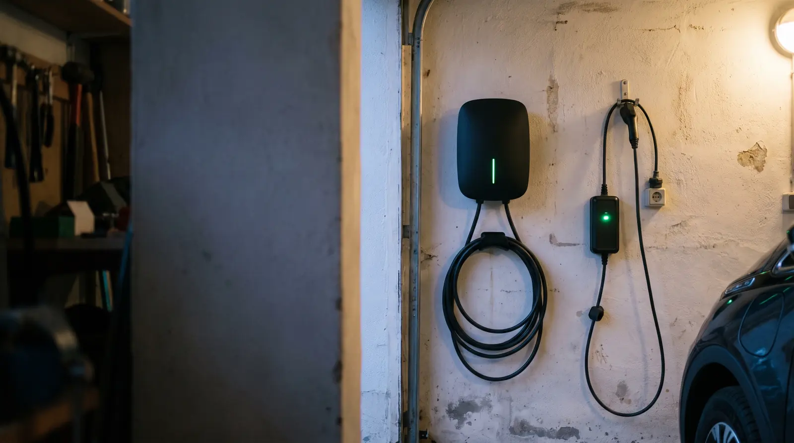 Wallbox e carregador portátil lado a lado na parede de uma garagem