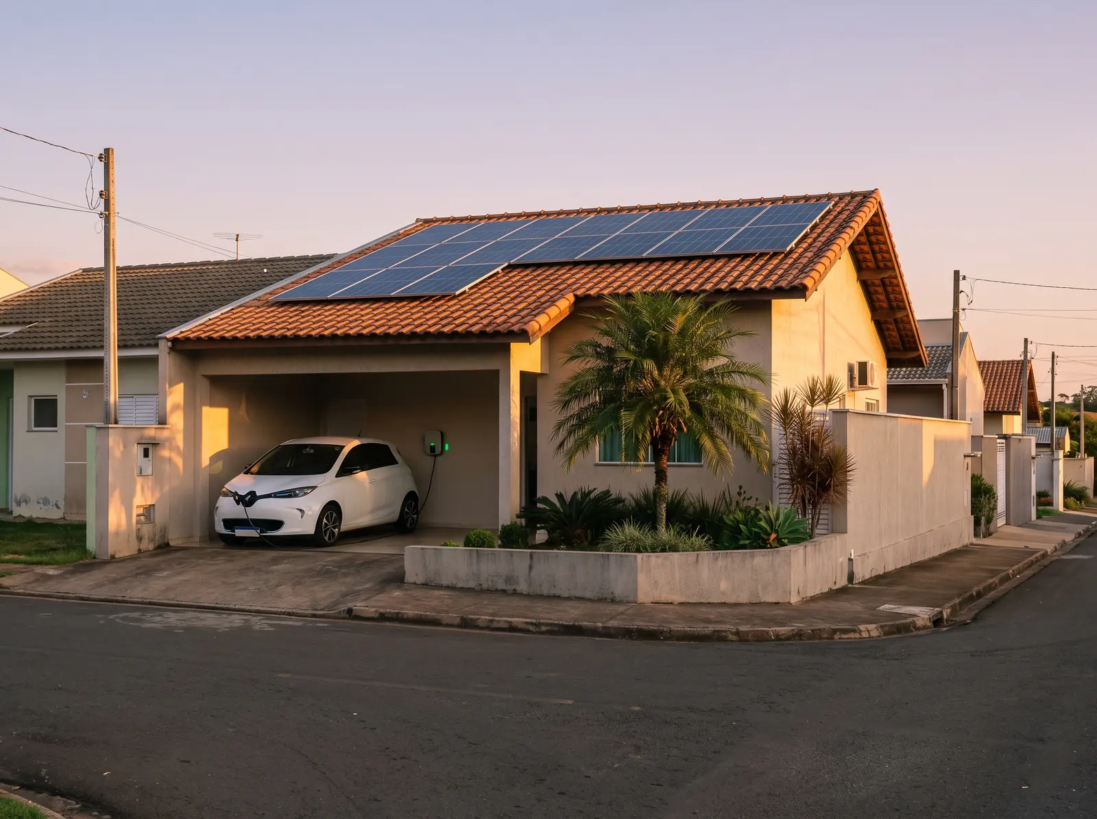 Casa com placas solares no telhado e um carro elétrico carregando na garagem