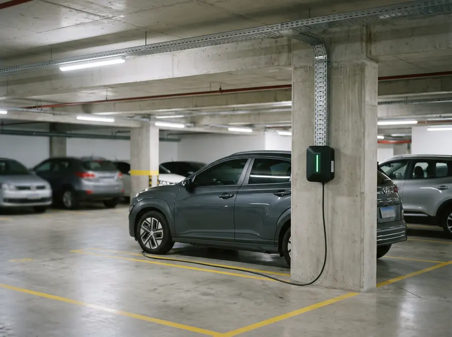 SUV elétrico carregando num wallbox na garagem de um prédio