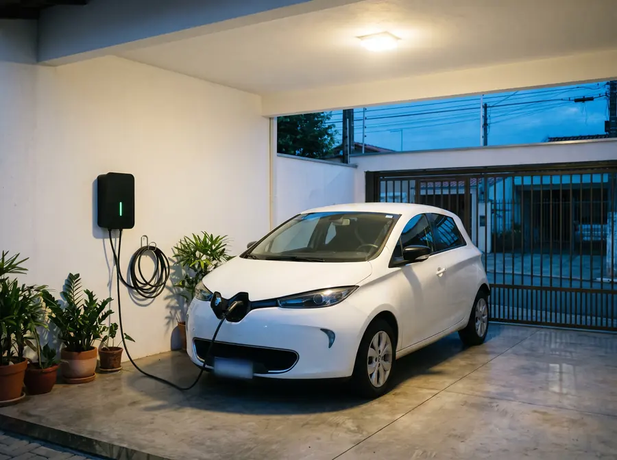 Carro elétrico carregando num wallbox na garagem de uma casa