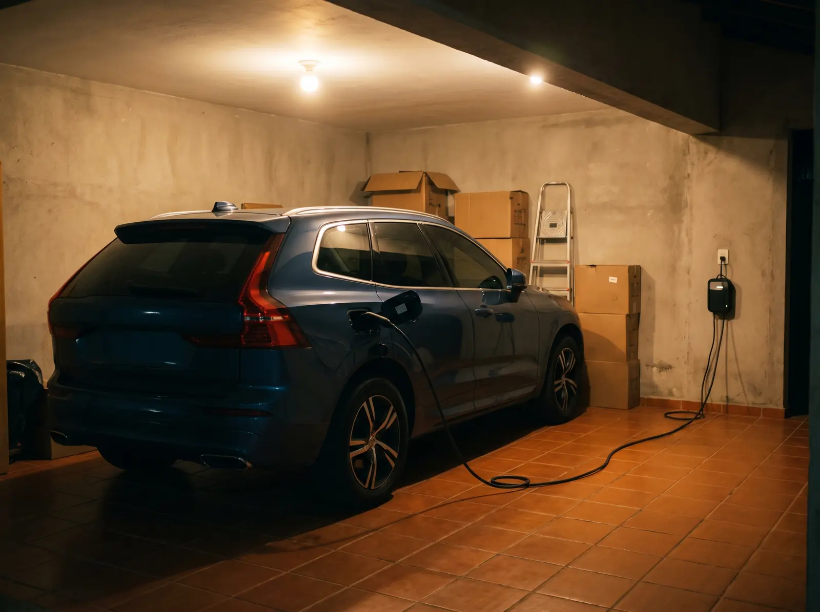SUV híbrido plug-in carregando com um carregador portátil numa garagem residencial