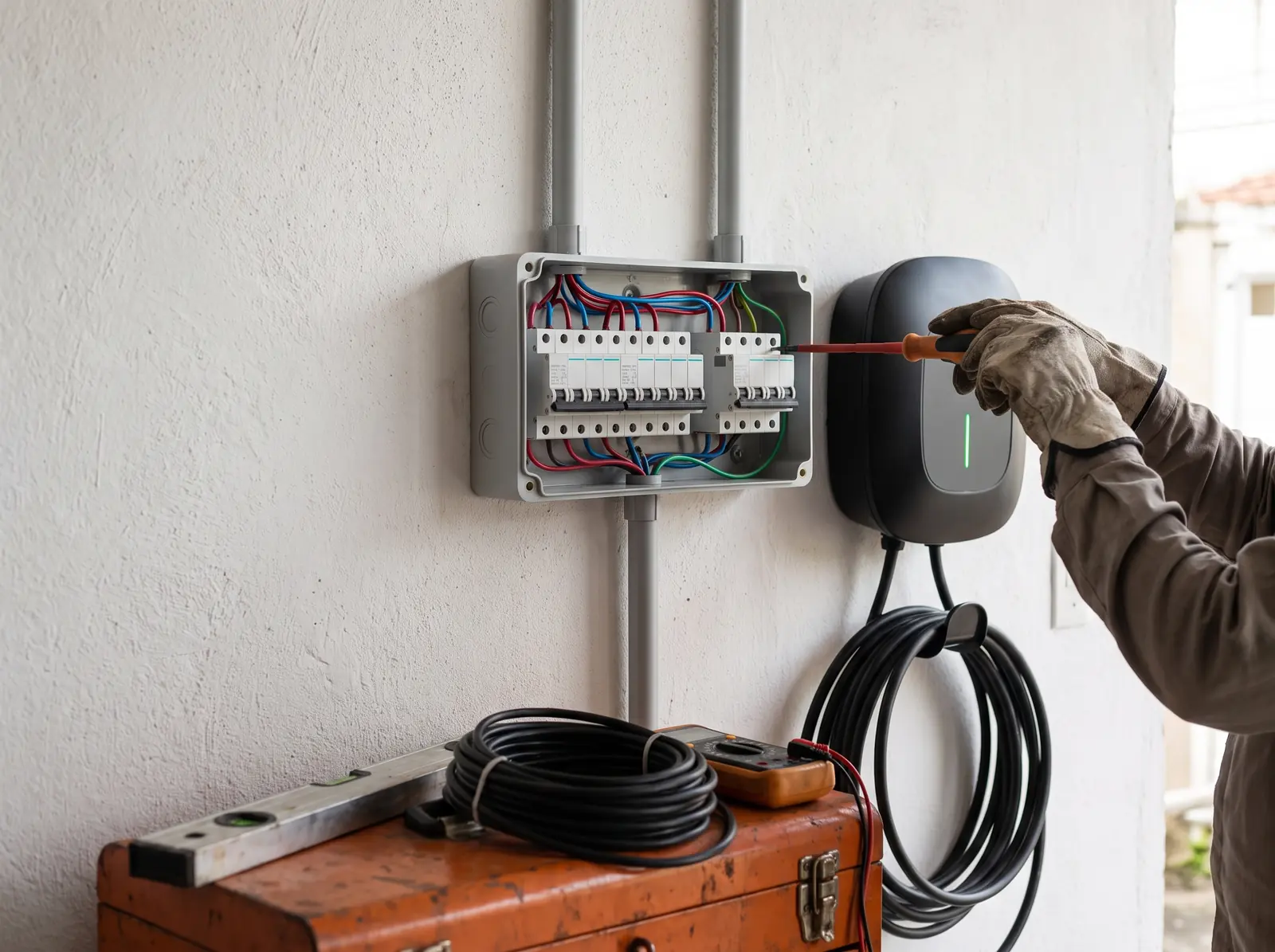 Eletricista fixando um wallbox na parede de uma garagem