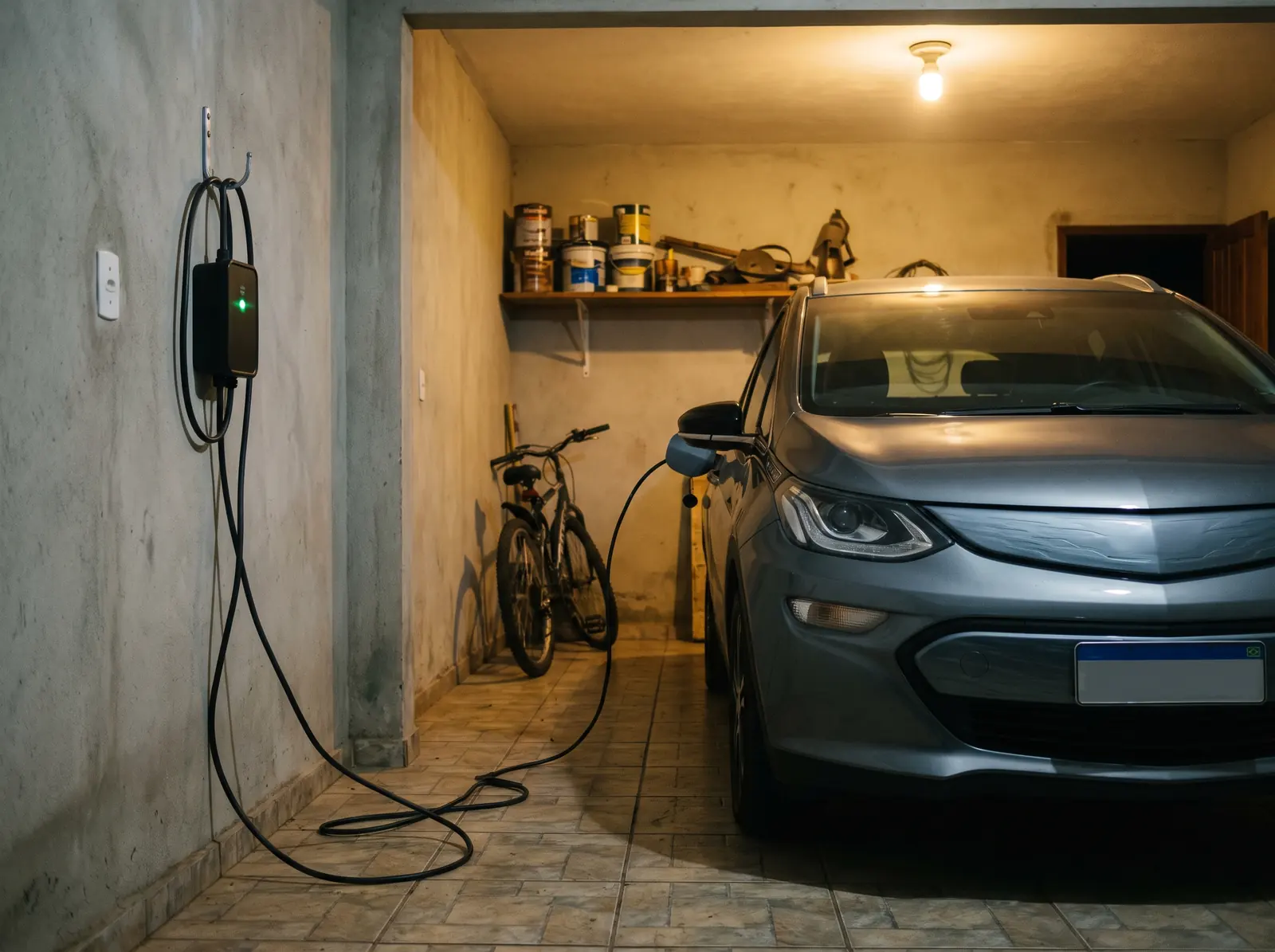 Carregador portátil ligado a um carro elétrico numa garagem residencial