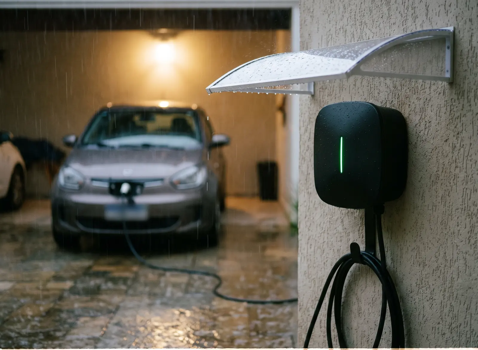 Wallbox instalado em parede externa sob um pequeno toldo, em dia de chuva